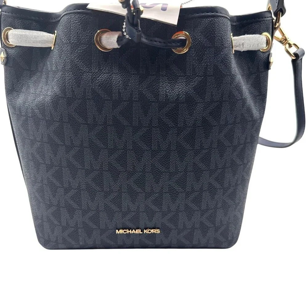 Michael Kors MK Signature Blue Bucket Bag Designer Logo Tote Gold Hardware